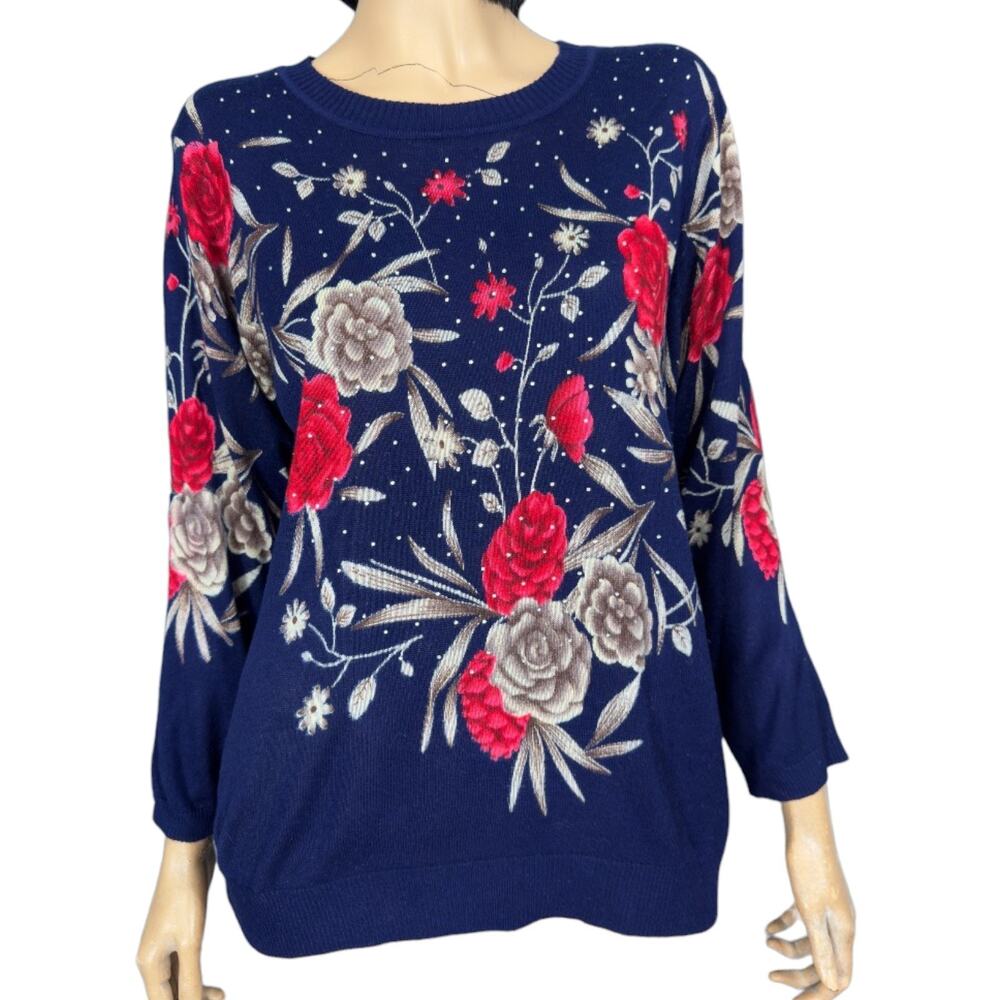 Navy Blue Dark Floral Sweater L Vintage Crystal Studs Dak Cottage